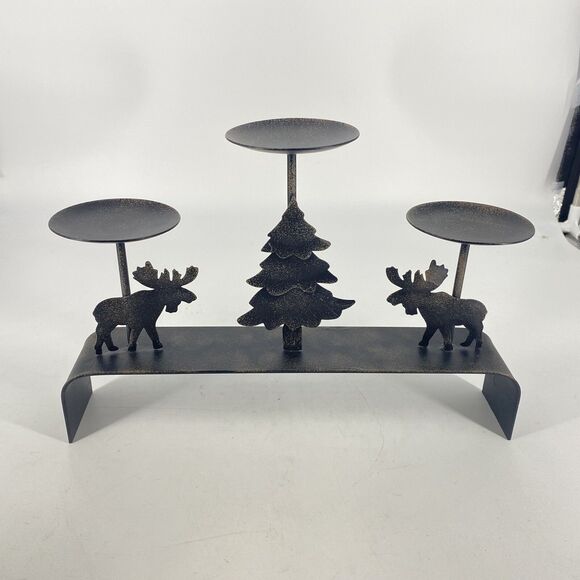 Metal Candle Holder With Christmas Tree And Moose Deer 13”W X 10”T - Picture 1 of 5